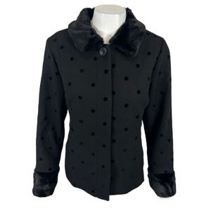 Isaac Mizrahi Women's Polka-Dot Short Wool Coat w/ Faux Fur Trims Black 10 Size